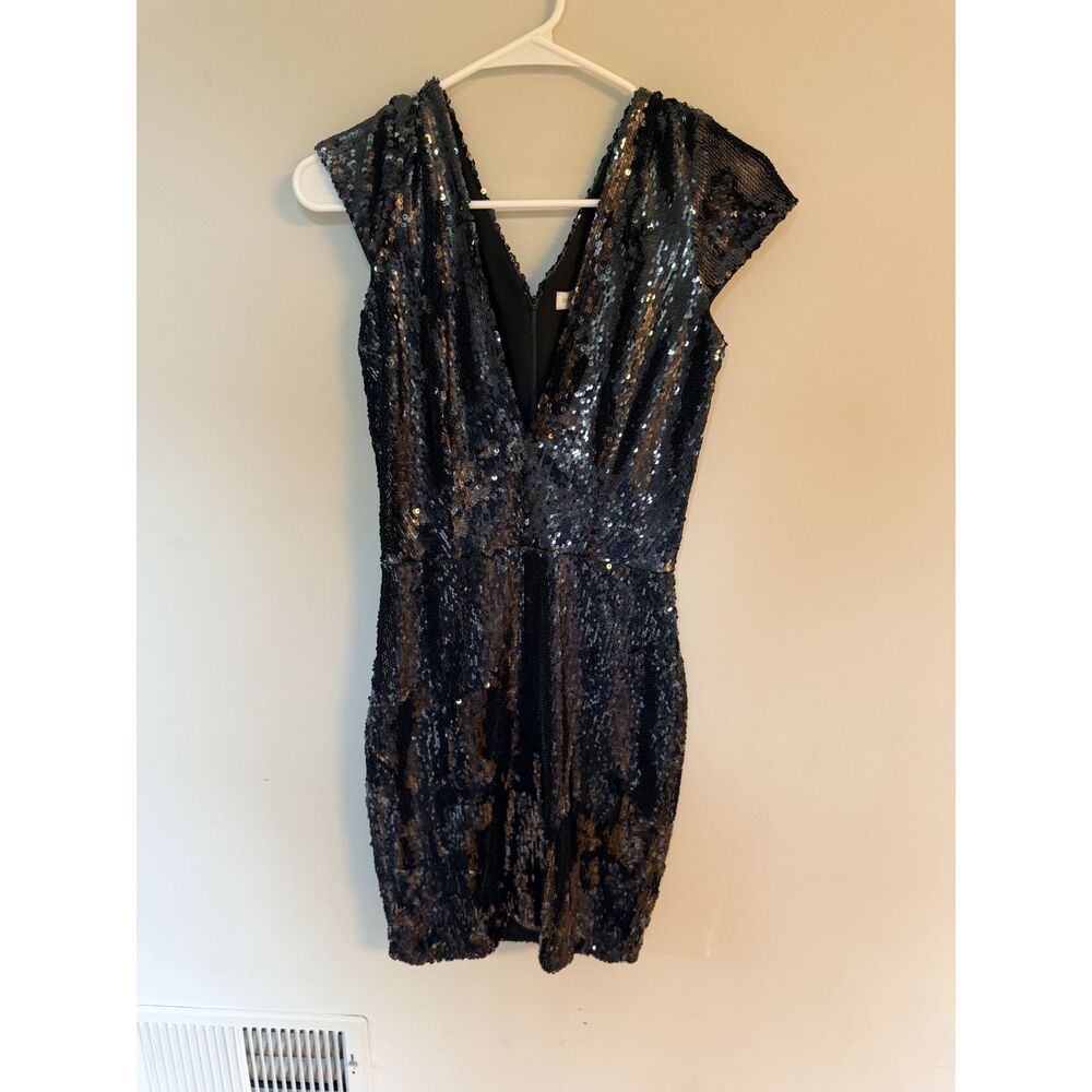 Dress the Population Zoe Black Sequin Plunge Mini Dress Size Medium - Picture 4 of 6